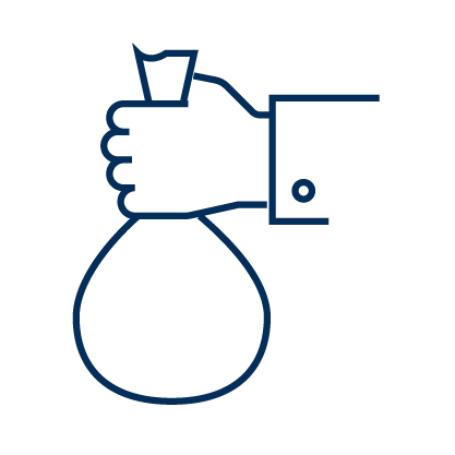 Blue illustration outline of a hand holding a bag, with the top showing above the fist and a round bottom of the bag below